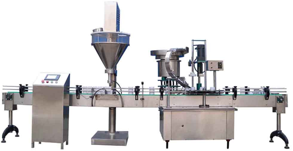 粉末全自动直线式联动线：YX-GX-F粉末灌装旋盖一体机(液晶触摸屏,自动灌装,自动上盖旋盖)