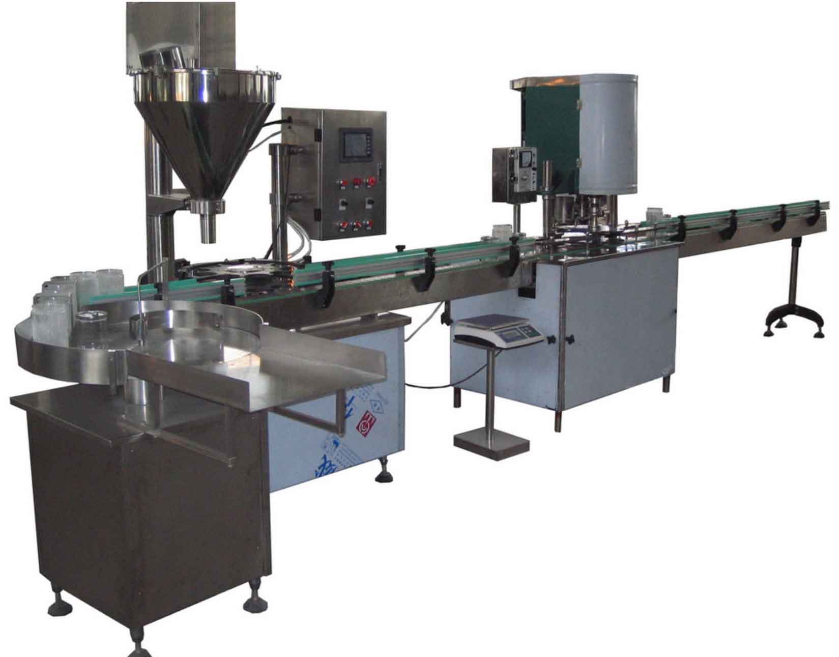 Y粉末全自动卡瓶定位式联动线：YX-FGL粉末灌装旋盖联动线(进罐+灌装+封罐)